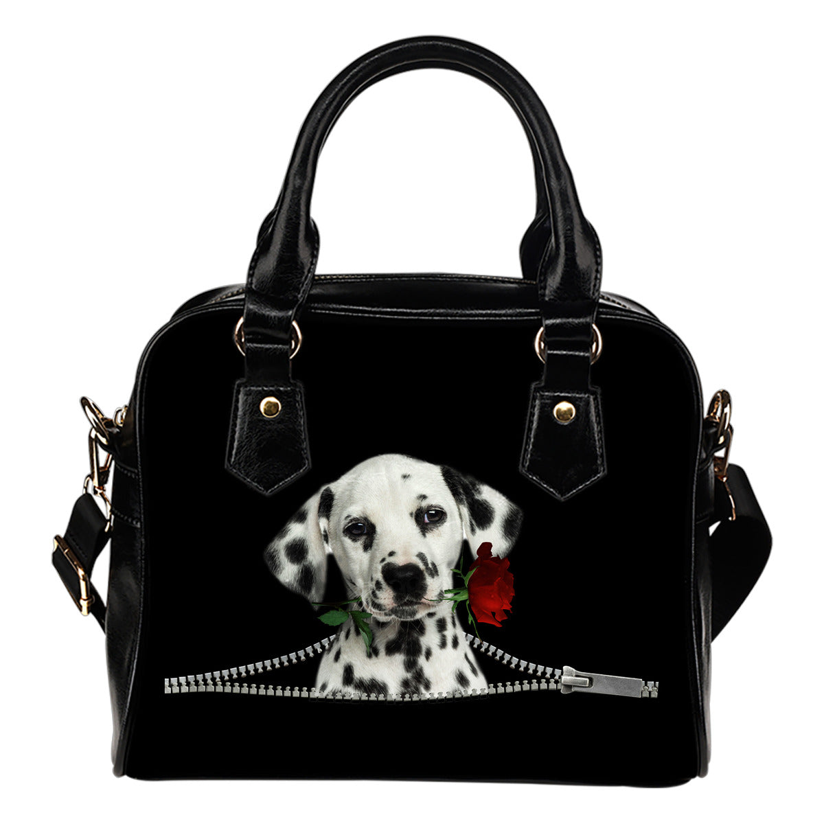 Dalmatian Rose Zipper Shoulder Handbag