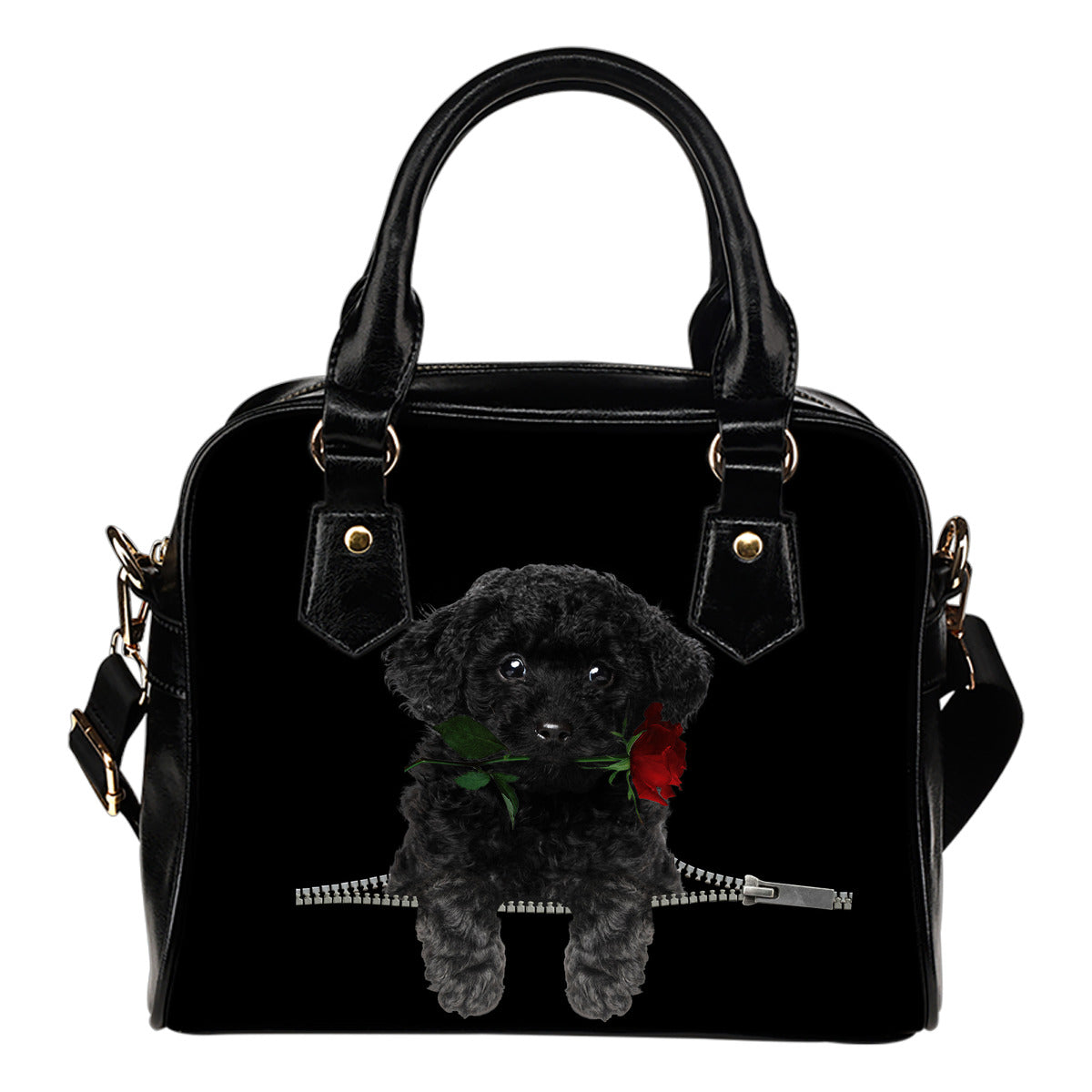 Toy Poodle Rose Zipper Shoulder Handbag