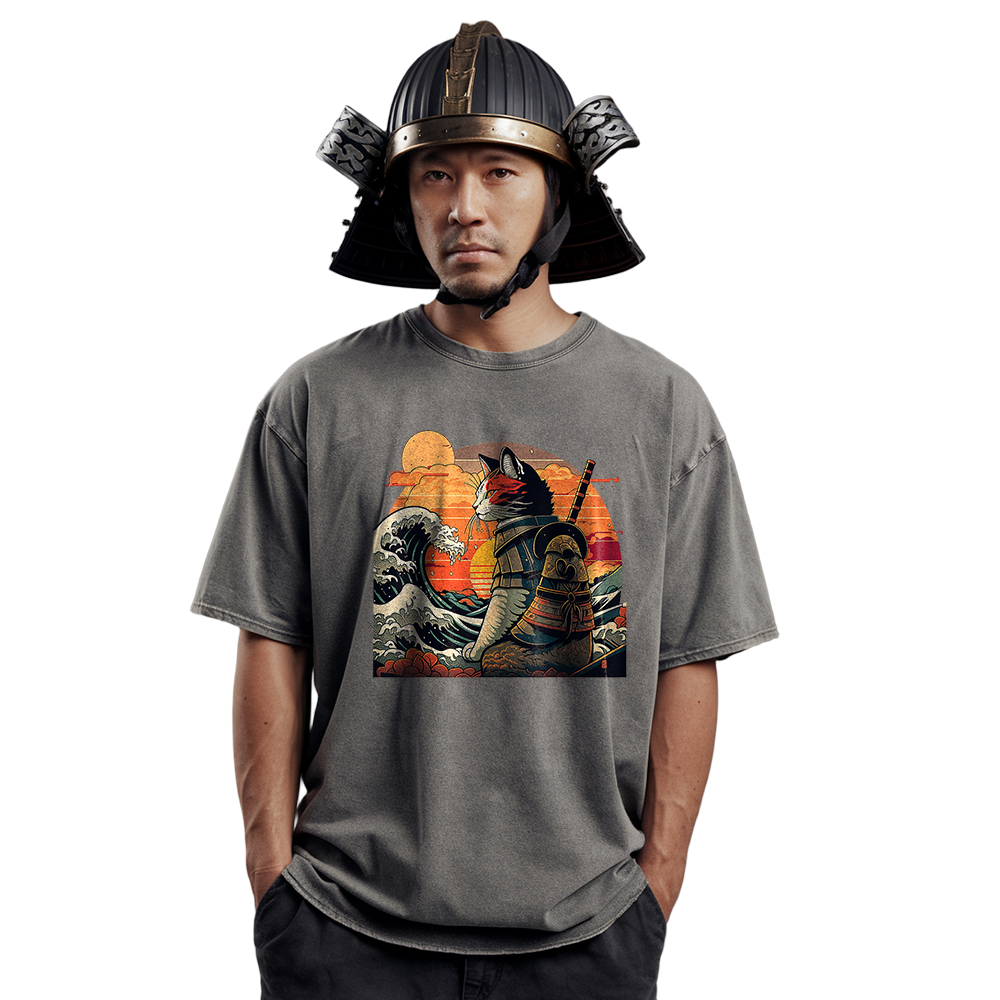 Cat Samurai Graphic T-Shirt - Unisex Garment-Dyed Tee for Anime Fans