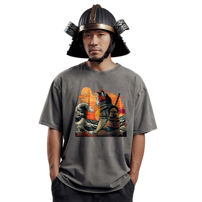 Cat Samurai Graphic T-Shirt - Unisex Garment-Dyed Tee for Anime Fans