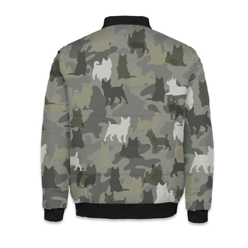 Australian Terrier Camo Puffer Bomber Jacket - Warm Winter Coat For Dog Lover