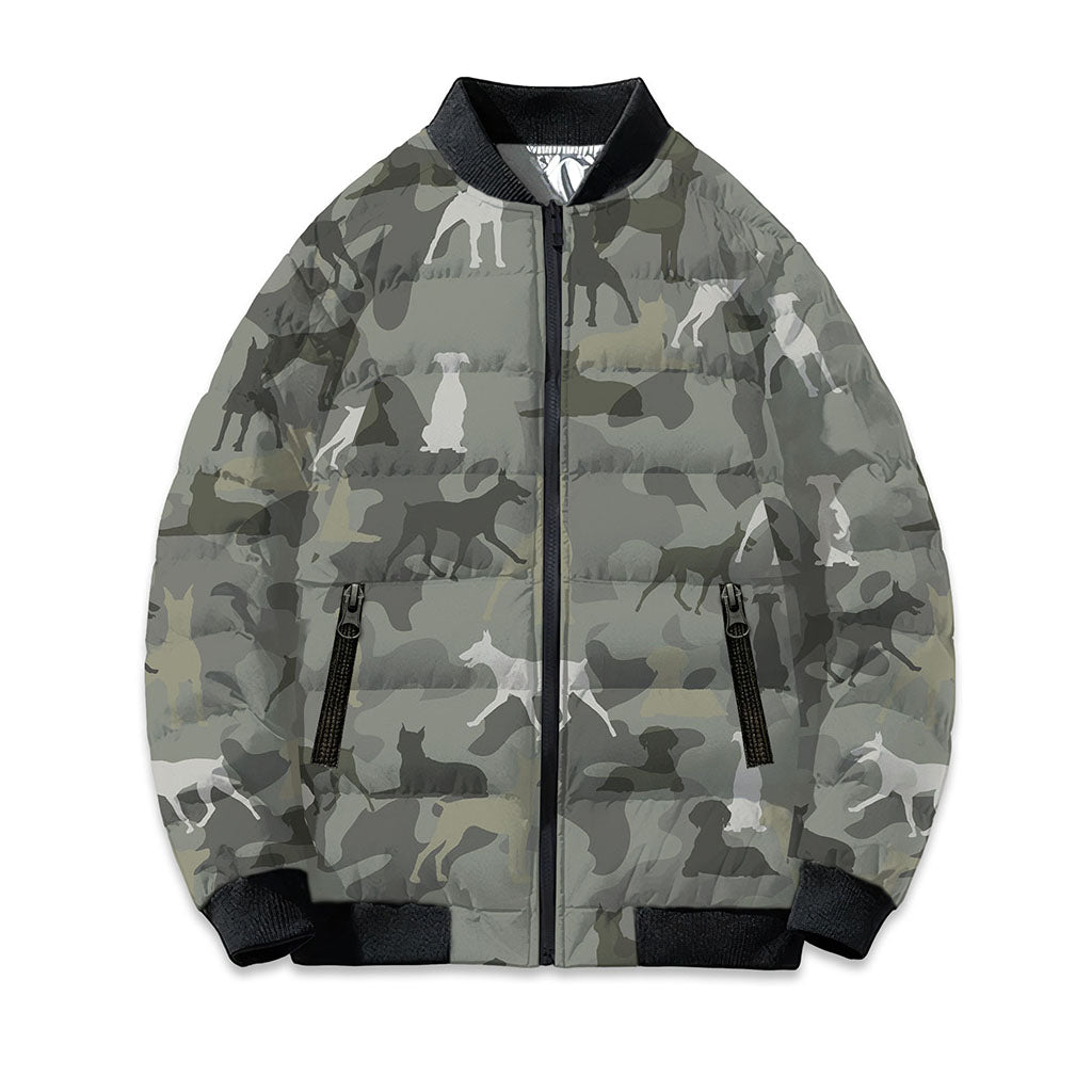 German Pinscher Camo Puffer Bomber Jacket - Warm Winter Coat For Dog Lover