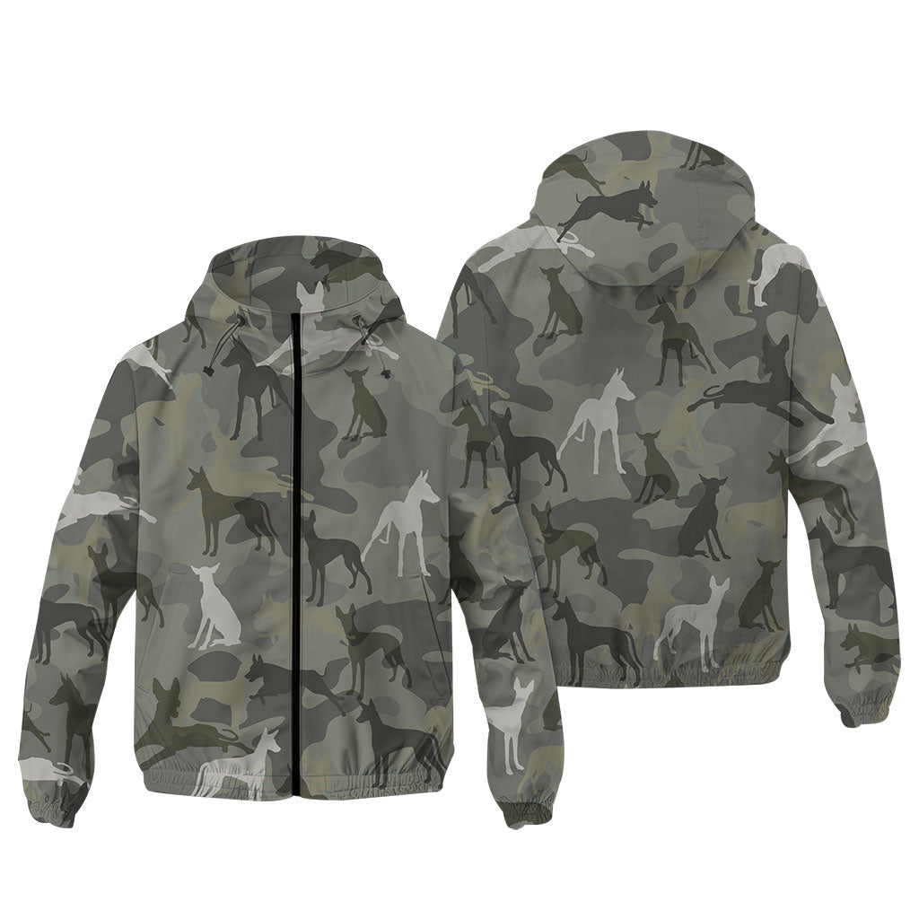 Ibizan Hound Camouflage Windbreaker - Camo Dog Print Hooded Jacket