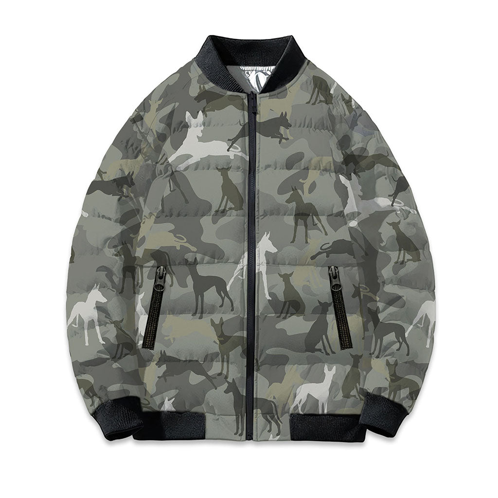 Ibizan Hound Camo Puffer Bomber Jacket - Warm Winter Coat For Dog Lover