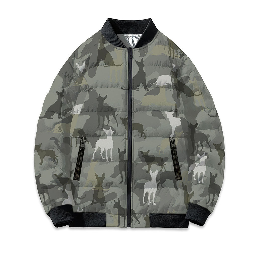 Mexican Hairless Dog Camo Puffer Bomber Jacket