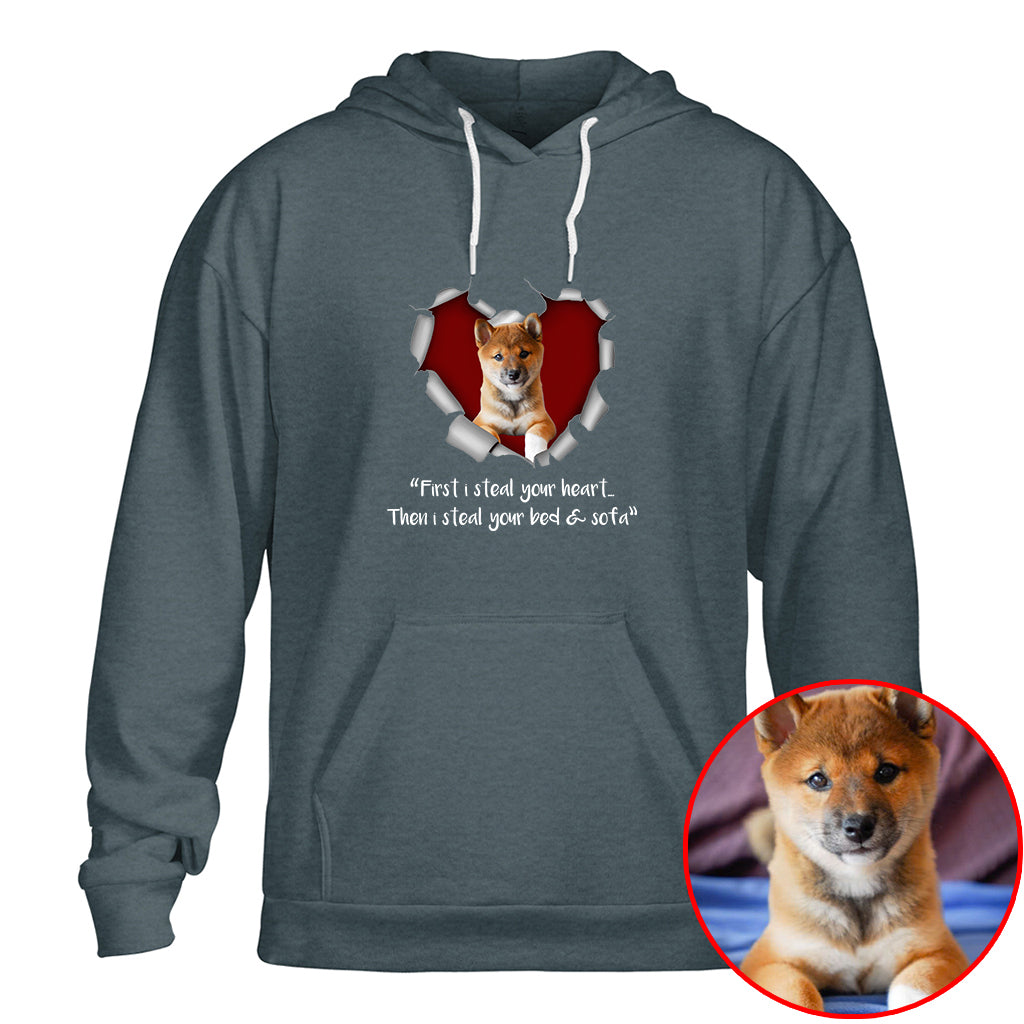 First I Steal Your Heart, Then Your Bed & Sofa Funny Dog Photo Shirt