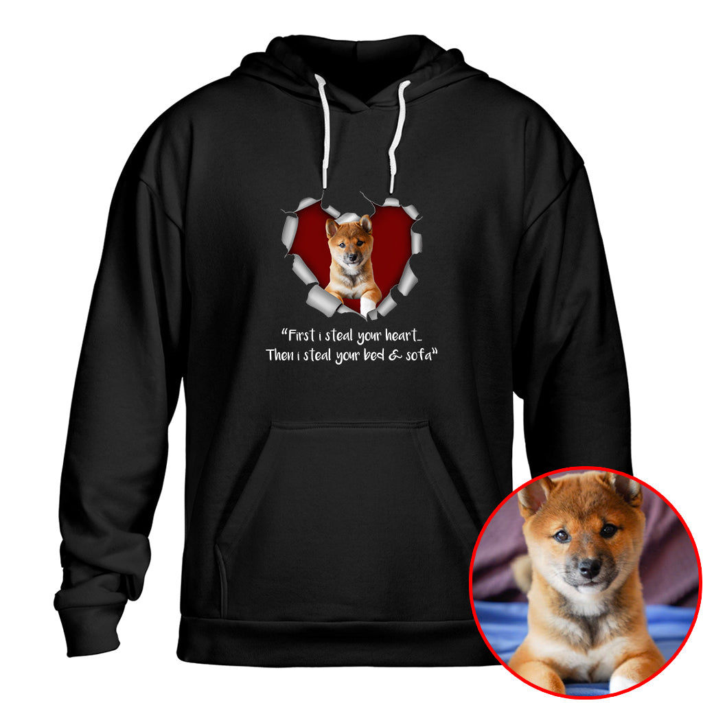 First I Steal Your Heart, Then Your Bed & Sofa Funny Dog Photo Shirt