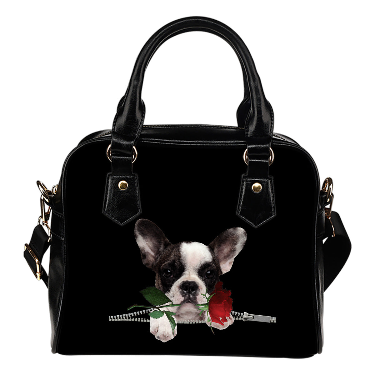 French Bulldog Rose Zipper Shoulder Handbag