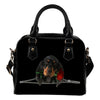 Black and Tan Coonhound Rose Zipper Shoulder Handbag