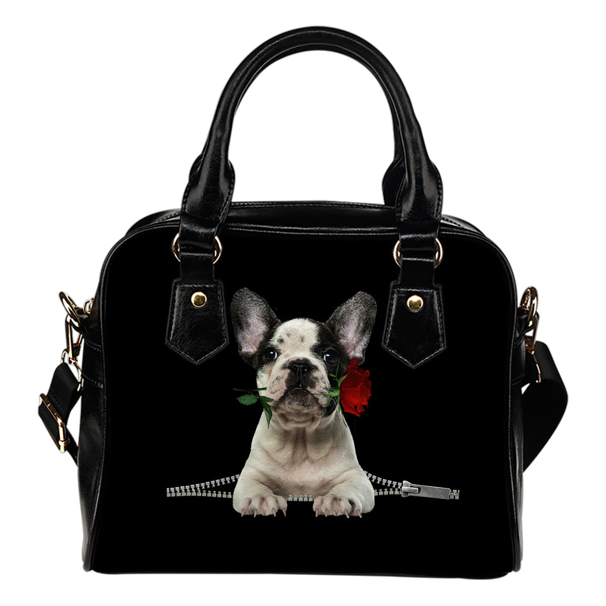 French Bulldog 2 Rose Zipper Shoulder Handbag