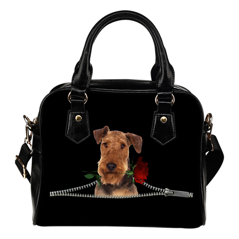 Airedale Terrier Rose Zipper Shoulder Handbag