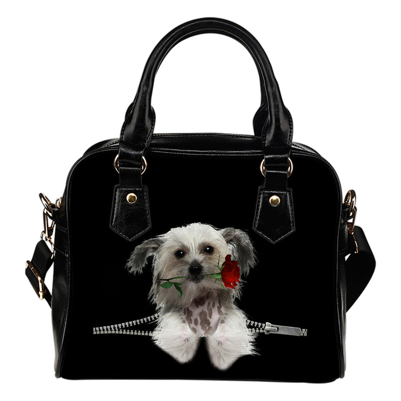 Chinese Crested Dog Rose Zipper Shoulder Handbag
