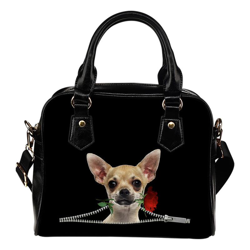 Chihuahua Rose Zipper Shoulder Handbag
