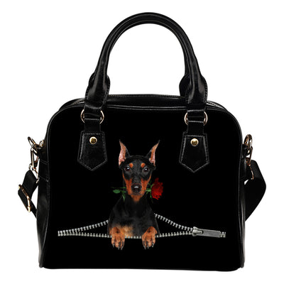 Doberman Pinscher Rose Zipper Shoulder Handbag