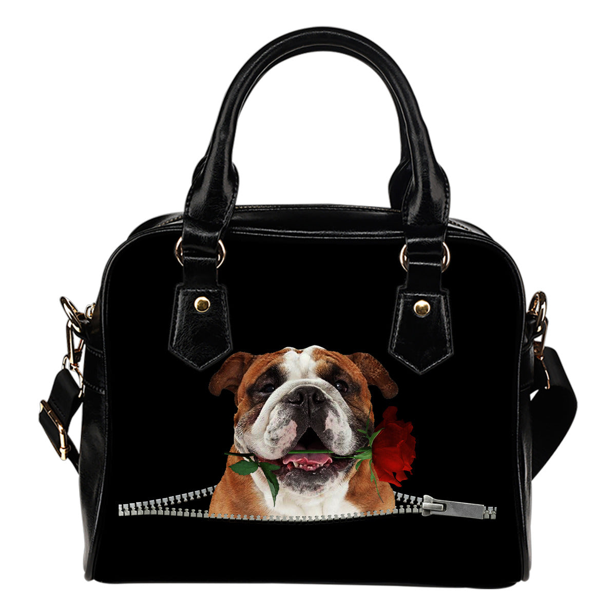 English Bulldog Rose Zipper Shoulder Handbag