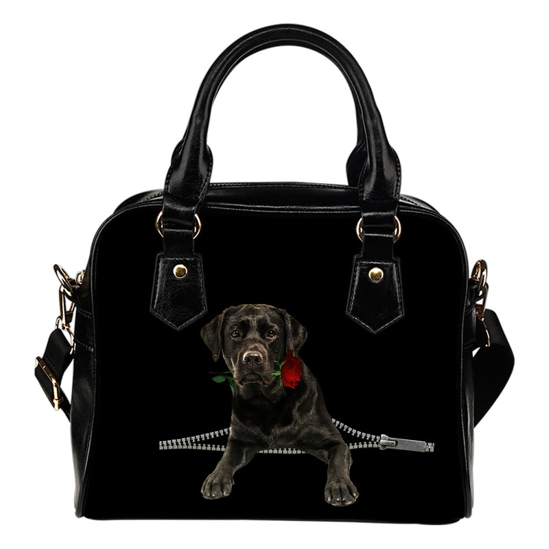 Labrador Retriever Black Rose Zipper Shoulder Handbag