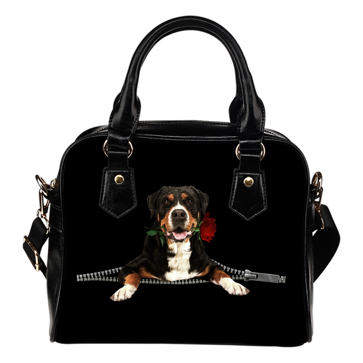 Greater Swiss Mountain Dog Rose Zipper Shoulder Handbag