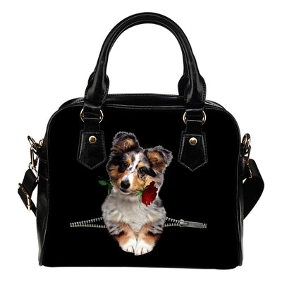 Shetland Sheepdog Rose Zipper Shoulder Handbag