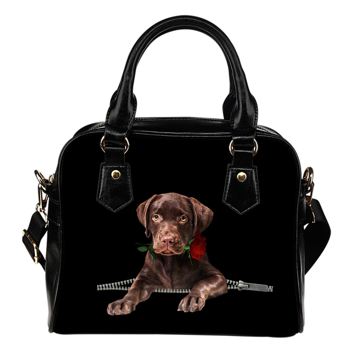 Labrador Retriever Chocolate Rose Zipper Shoulder Handbag