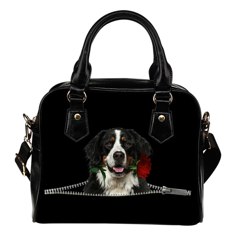 Bernese Mountain Dog Rose Zipper Shoulder Handbag