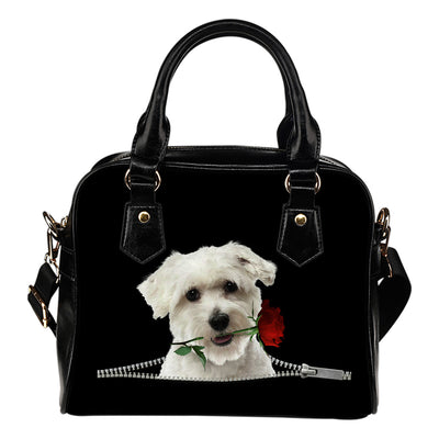 Coton De Tulear Rose Zipper Shoulder Handbag