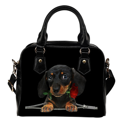 Dachshund 2 Rose Zipper Shoulder Handbag
