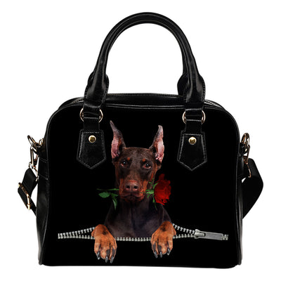 Doberman Pinscher 2 Rose Zipper Shoulder Handbag