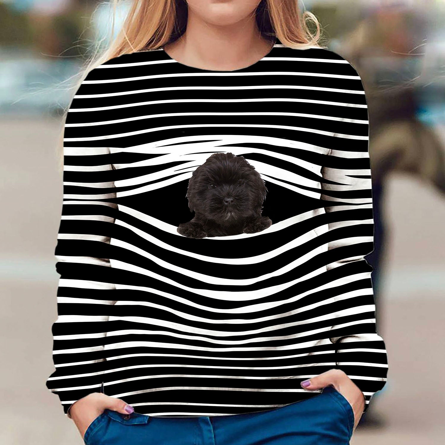 Black Lhasa Apso - Stripe - Premium Sweater