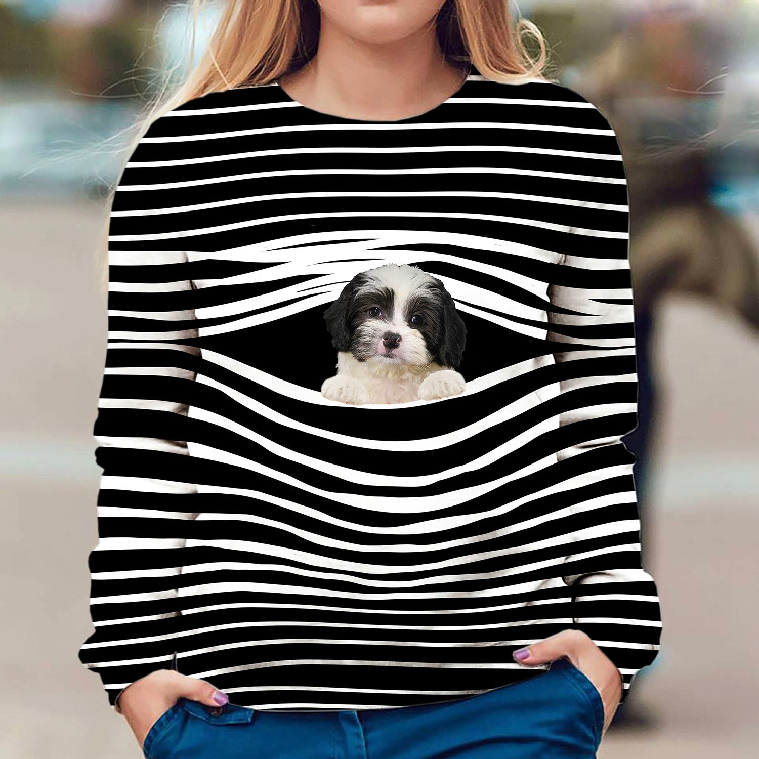 Black White Lhassa - Stripe - Premium Sweater